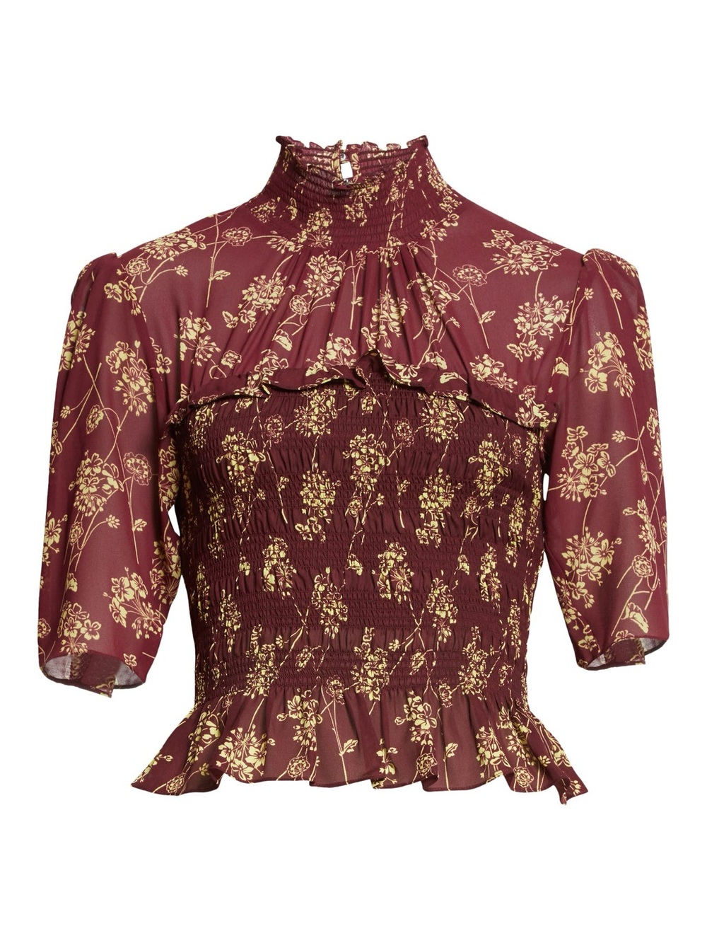 Cinq a Sept Silk smocked peplum top burgundy and gold S small turtleneck sheer
